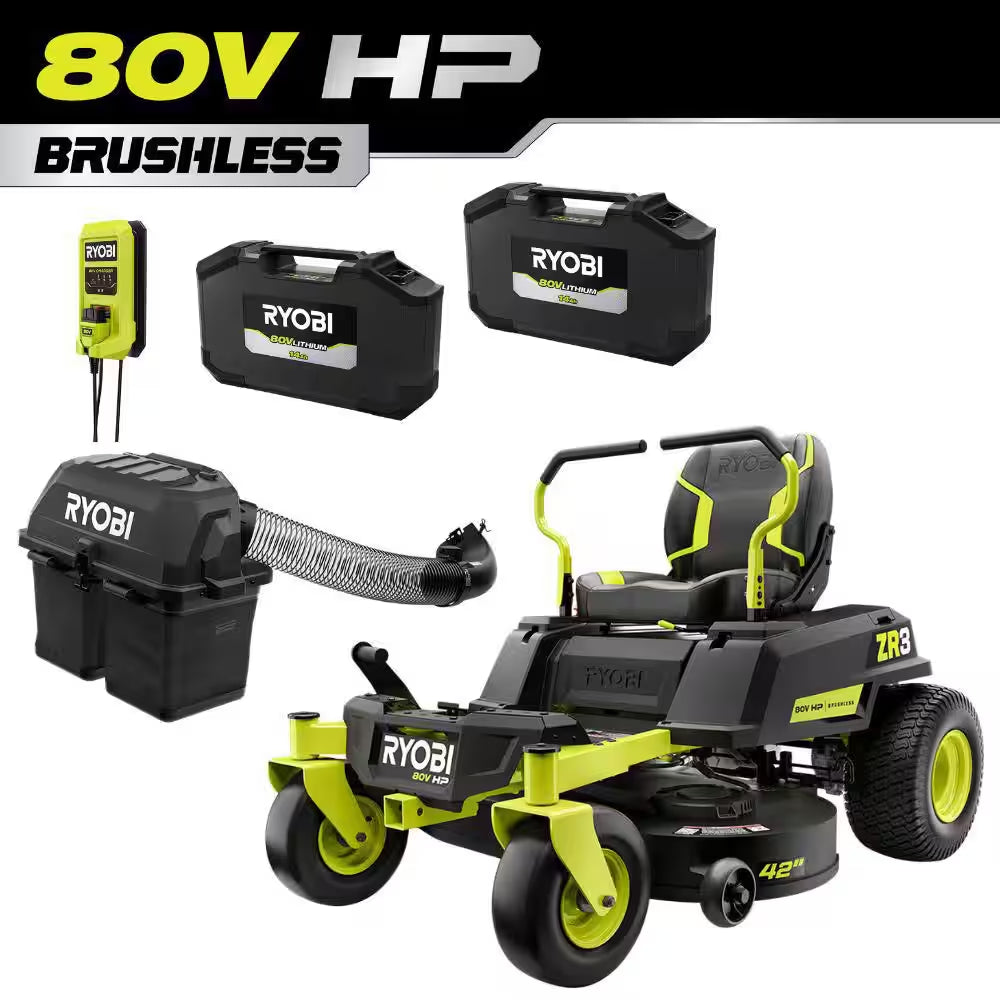 80V HP Brushless 42" Battery Electric Cordless Zero Turn Riding Mower W/ Bagging Kit, (2) 14.0 Ah Batteries and Charger