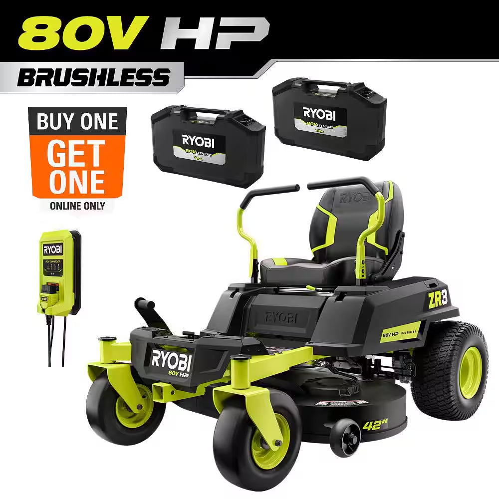 80V HP Brushless 42" Battery Electric Cordless Zero Turn Riding Mower W/ Bagging Kit, (2) 14.0 Ah Batteries and Charger