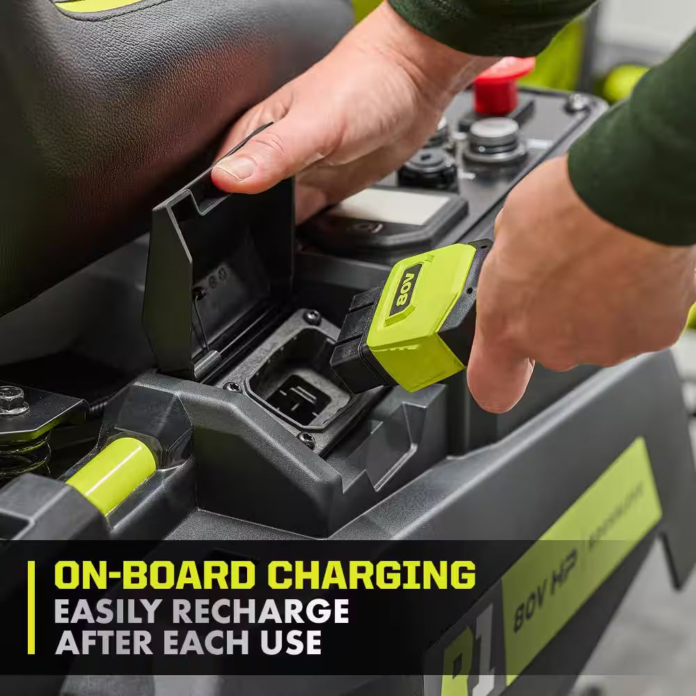 R1 80V HP Brushless Lithium Battery Cordless Electric 30 In. Riding Lawn Mower with 14 Ah Battery and Charger