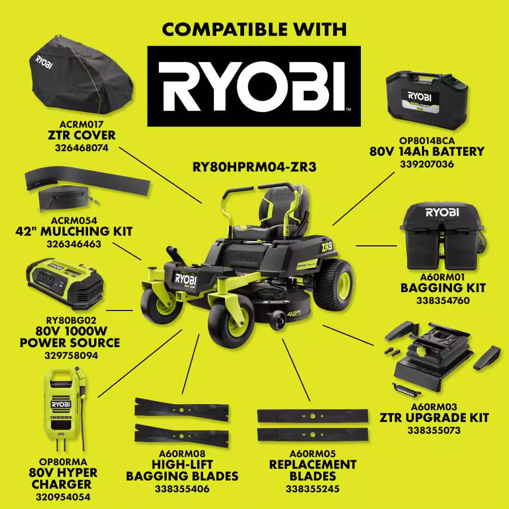 ZR3 80V HP Brushless 42 In. Electric Cordless ZTR Mower W/ Seat Suspension, Armrests, & Headlight-Batteries & Charger