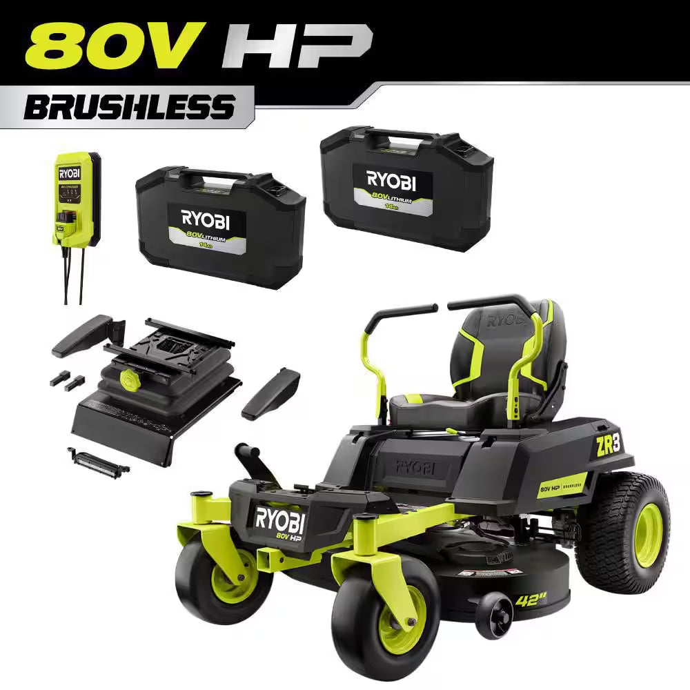ZR3 80V HP Brushless 42 In. Electric Cordless ZTR Mower W/ Seat Suspension, Armrests, & Headlight-Batteries & Charger