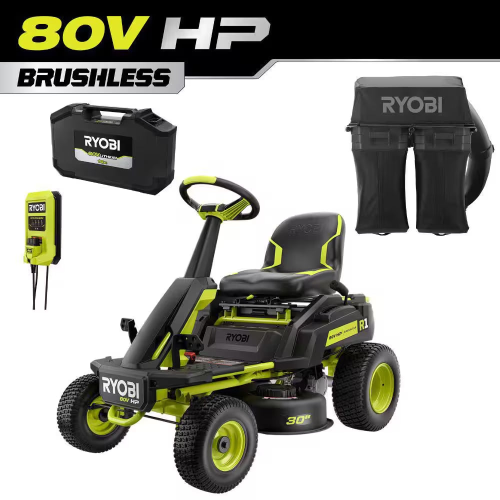 R1 80V HP Brushless Lithium Battery Cordless Electric 30 In. Riding Lawn Mower with 14 Ah Battery and Charger