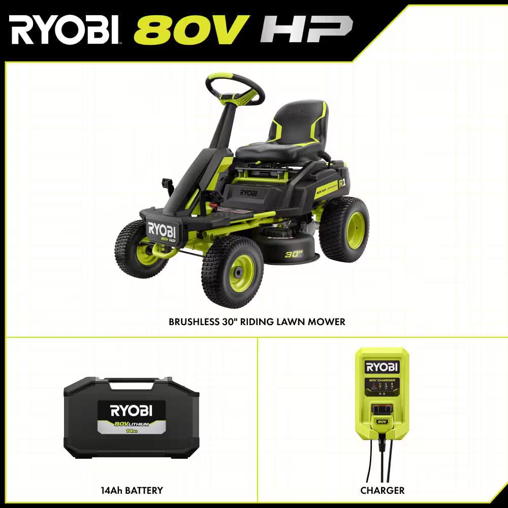 R1 80V HP Brushless Lithium Battery Cordless Electric 30 In. Riding Lawn Mower with 14 Ah Battery and Charger