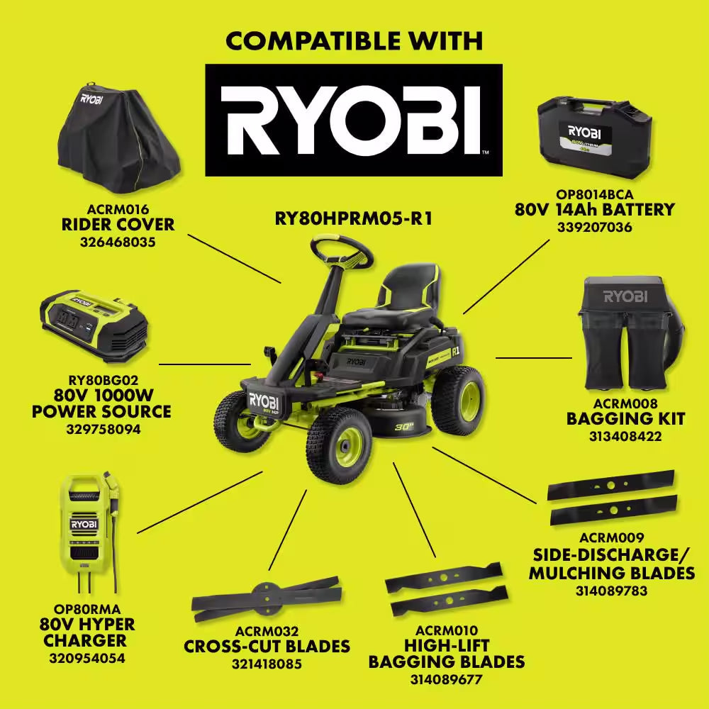 R1 80V HP Brushless Lithium Battery Cordless Electric 30 In. Riding Lawn Mower with 14 Ah Battery and Charger