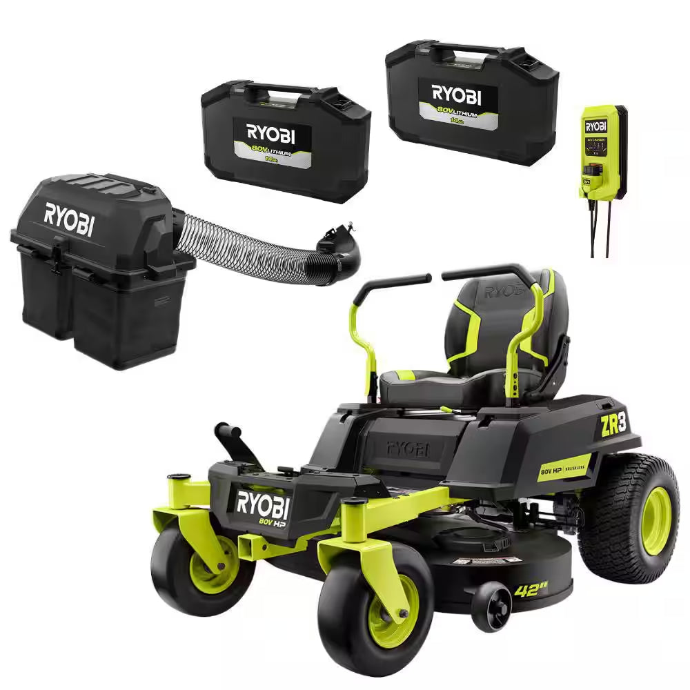 80V HP Brushless 42" Battery Electric Cordless Zero Turn Riding Mower W/ Bagging Kit, (2) 14.0 Ah Batteries and Charger