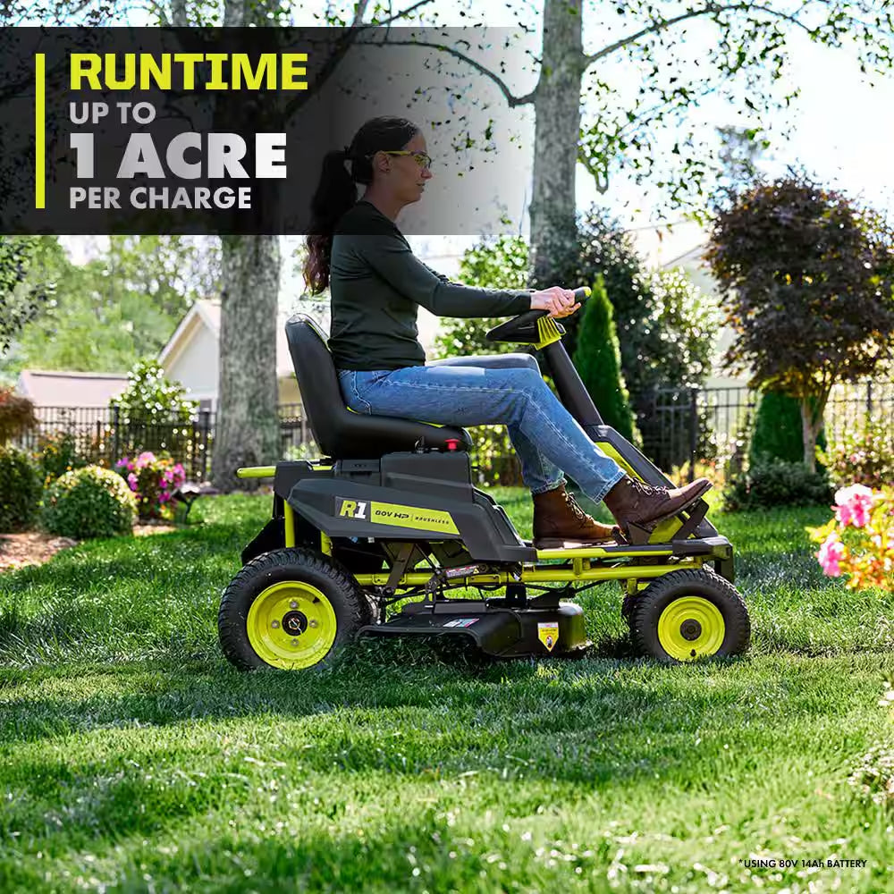 R1 80V HP Brushless Lithium Battery Cordless Electric 30 In. Riding Lawn Mower with 14 Ah Battery and Charger
