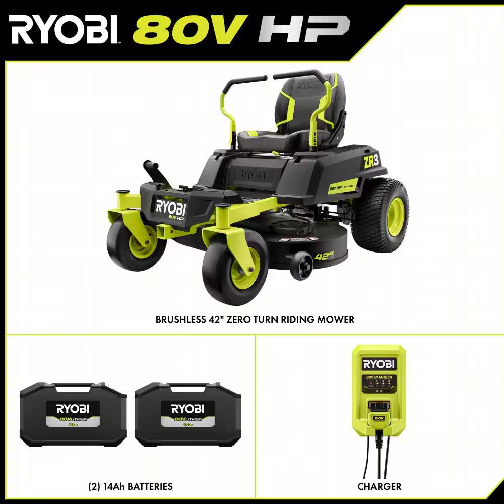 ZR3 80V HP Brushless Battery Cordless Electric 42 In. Zero Turn Riding Lawn Mower with (2) 14.0 Ah Batteries and Charger